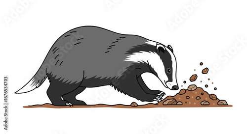 Detailed cartoon of a determined badger digging in dirt, showcasing its strength and instinctive behavior in a whimsical way portraying nature's