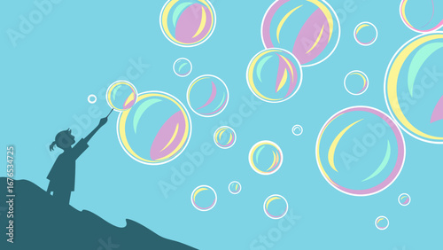 Child blowing colorful bubbles into a clear blue sky creating a whimsical and joyful scene