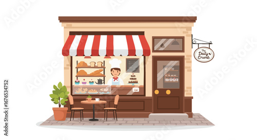 Charming cartoon illustration of a quaint bakery facade with tempting treats on display and inviting outdoor seating for a delightful experience