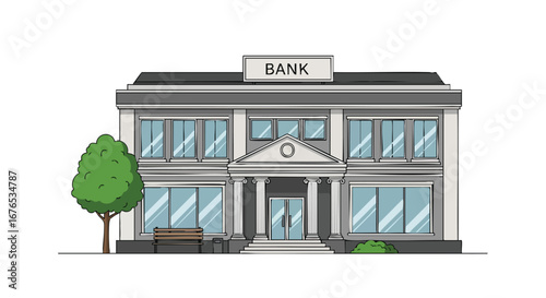 Architectural drawing of a financial institution with classic design elements and serene surrounding greenery