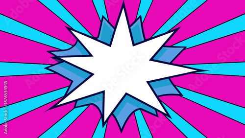 Explosive comic book style burst with vibrant pink and blue rays and a white starburst speech bubble