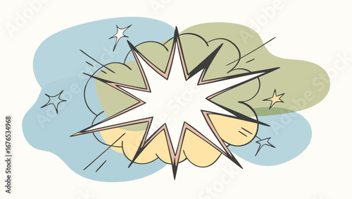 Retro comic book style explosion with soft pastel colored background shapes and stars