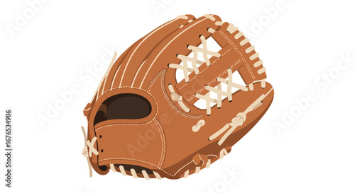 Illustrated leather baseball mitt with prominent stitching and webbing, positioned diagonally on a white background displaying athletic equipment