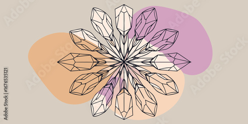 Geometric crystal flower mandala with abstract pastel shapes on a neutral background