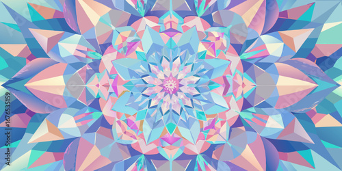 Intricate crystal mandala with soft pastel hues and geometric facets