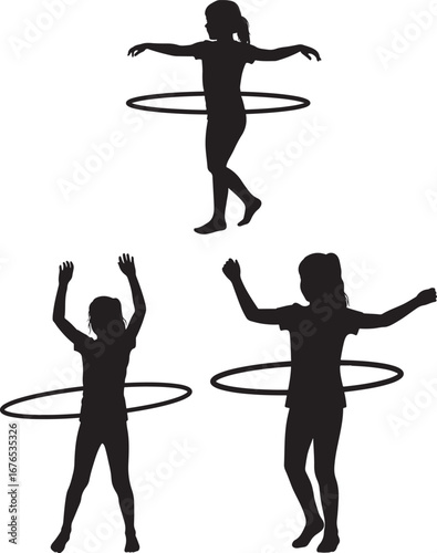 Three children hula hooping silhouette