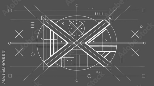Abstract geometric blueprint design with intersecting lines and circular elements on a dark background