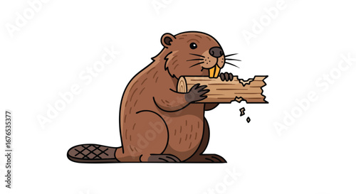 Cartoon beaver illustration eating wood, showcasing its distinctive teeth and habitat preservation, an important role in environmental balance