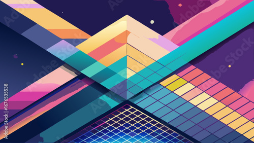 Abstract geometric composition with vibrant diagonal lines and grids in a dark palette