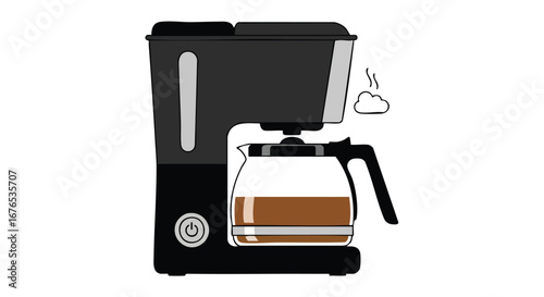 Modern coffee machine illustration, representing automated coffee brewing with simple and stylized design, minimal illustration style creating an