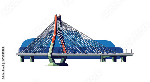 Stylized illustration of a cable-stayed bridge with vibrant design and detailed structural framework showcasing engineering marvels and artistic