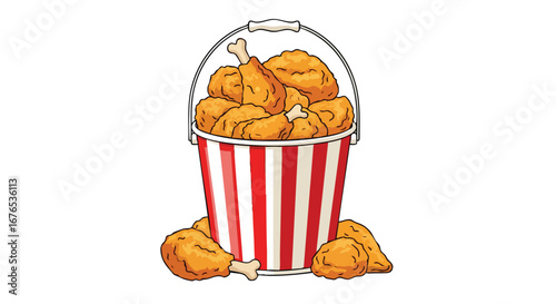 Appetizing bucket brimming with crispy fried chicken delights on a pristine backdrop, a feast rendered in digital illustration with bold and vibrant