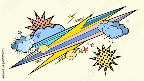 Dynamic comic book explosion with lightning bolts and starbursts on a cream background