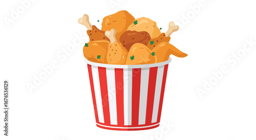 Cartoon illustration of a bucket overflowing with crispy fried chicken pieces, showcasing a vibrant and appetizing depiction of comfort food delight