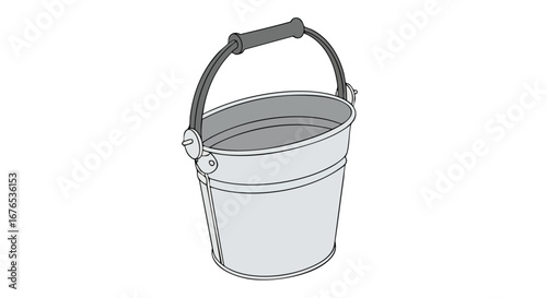 Illustration of a Classic Gray Bucket with a Black Handle, Isolated on White Backdrop displaying utilitarian design, simple structure and clear lines