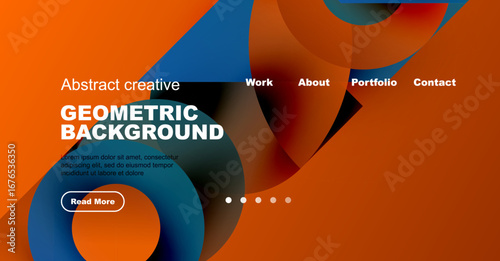 Abstract website design features vibrant orange, blue gradients. Text highlights geometric background, navigation options present.