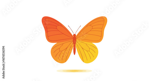 Stylized butterfly illustration with gradient wings displaying transition between orange and yellow, casting a gentle shadow against a crisp white