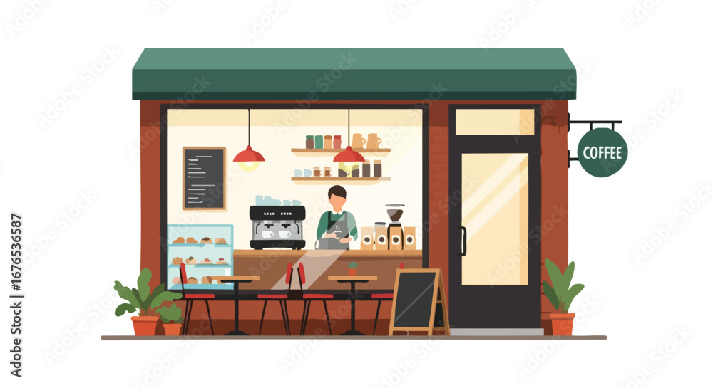 Obraz premium Charming coffee shop facade illustration with warm lighting and inviting ambiance, showcasing cozy urban cafe aesthetic and vibrant cafe concept
