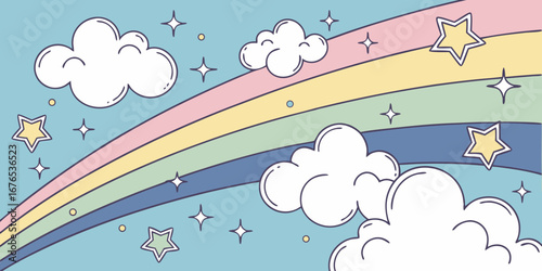 Whimsical pastel rainbow and starry sky with fluffy clouds illustration