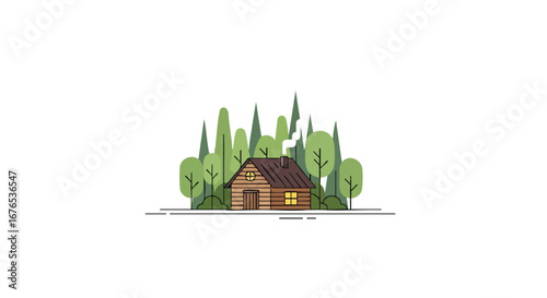 Serene log cabin nestled within a lush forest, emitting chimney smoke, representing peaceful woodland retreat amid nature's embrace