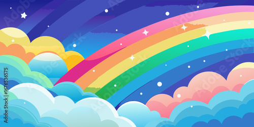 Vibrant rainbow arching over dreamy clouds under a starry night sky
