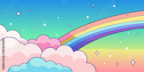 Whimsical pastel rainbow arching over dreamy clouds with sparkling stars in a gradient sky