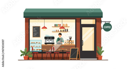 Charming coffee shop facade illustration with warm lighting and inviting ambiance, showcasing cozy urban cafe aesthetic and vibrant cafe concept
