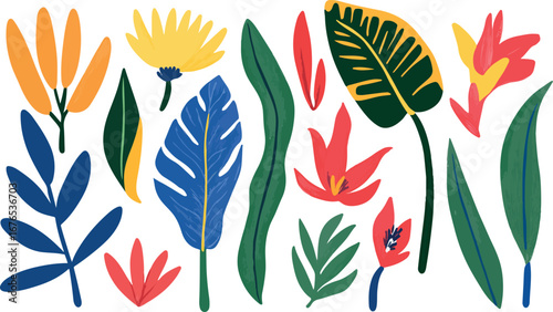 Vibrant collection of stylized tropical leaves and exotic flowers in a colorful flat design