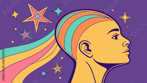 Vibrant profile of a person with rainbow hair and stars against a purple background