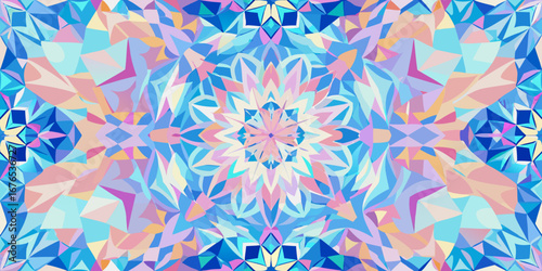 Symmetrical geometric mandala pattern with pastel and blue tones reflecting light