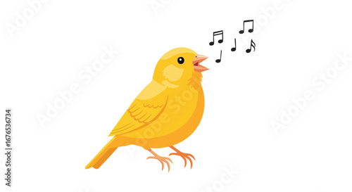 Animated yellow canary cheerfully singing with musical notes floating nearby on clear background, a cute bird illustration for various creative