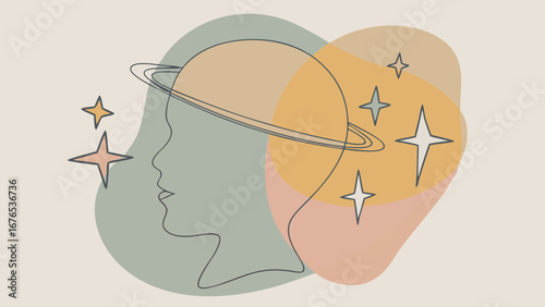 Abstract silhouette of a head with celestial elements and soft pastel shapes