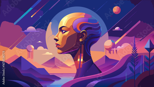 Futuristic woman s profile against a vibrant abstract cosmic landscape