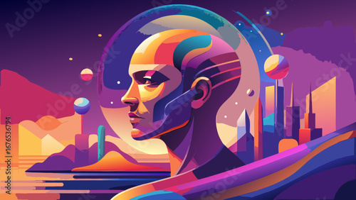 Futuristic cyberpunk portrait of a humanoid head against a vibrant neon cityscape