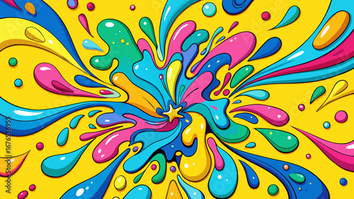 Vibrant abstract explosion of colorful liquid splashes and droplets on a bright yellow background