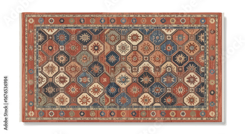 Detailed oriental rug showcasing complex geometric patterns and earthy color palettes creating a traditional textile art aesthetic for home decor