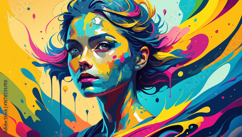 Vibrant abstract portrait of a woman with flowing colorful hair and paint splashes