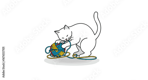 Playful kitten entanglement: An illustration of a white cat engaging with a vibrant ball of yarn, highlighting feline curiosity and innocent antics