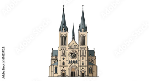 Stylized Illustration of a Gothic Cathedral with Twin Spires and Rose Window displaying architectural grace and precision, a landmark of spiritual