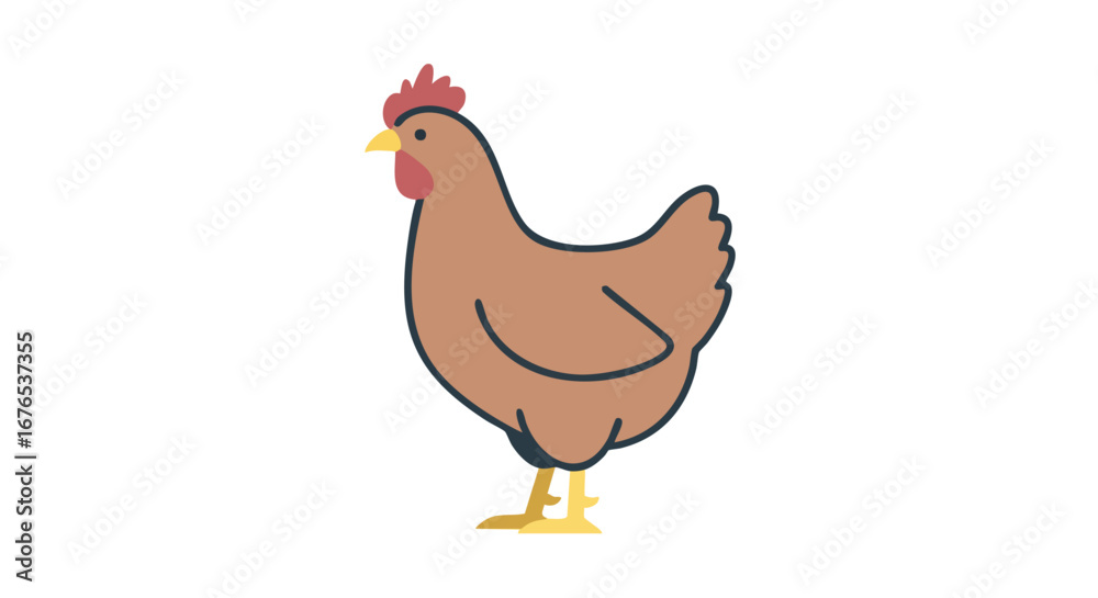Fototapeta premium Animated brown hen standing against a plain white background in a simple style drawing presenting farm life in a whimsical illustration