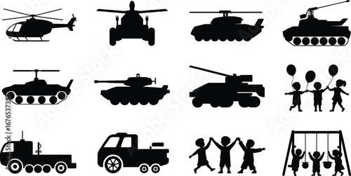 Silhouettes of military helicopters, tanks, trucks, and happy children playing with balloons and swings, symbolizing peace and wa
