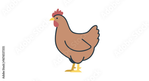 Animated brown hen standing against a plain white background in a simple style drawing presenting farm life in a whimsical illustration