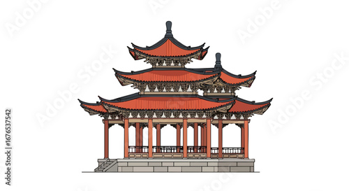 Stylized rendering of a classic Chinese pavilion architecture with layered roofs and symmetrical design features, exuding architectural charm and