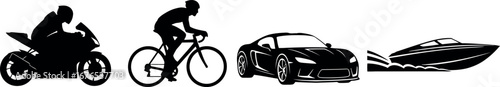 Black and white silhouettes of various fast transportation methods, including a person riding a sport bike, a cyclist on a racing bicycle, a sleek sports car, and a speedboat on the water.