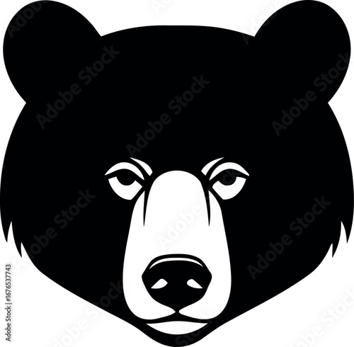 Black and white bear head logo, mascot or icon. Detailed monochrome illustration of a grizzly bear or black bear, staring directly forward with a fierce and powerful gaze.