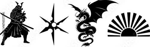 Black and white Japanese-inspired illustration featuring a samurai warrior, a shuriken, a fierce dragon, and a stylized rising sun.