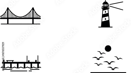Coastal vector icons set with bridge, lighthouse, pier, and seagulls flying over the water. Simple black and white line art illustrations for travel and vacation.