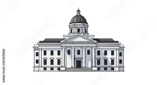 Architectural rendering showcasing a neoclassical governmental building with majestic dome and symmetrical facade