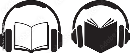 Audiobook icons headphones and open books silhouette