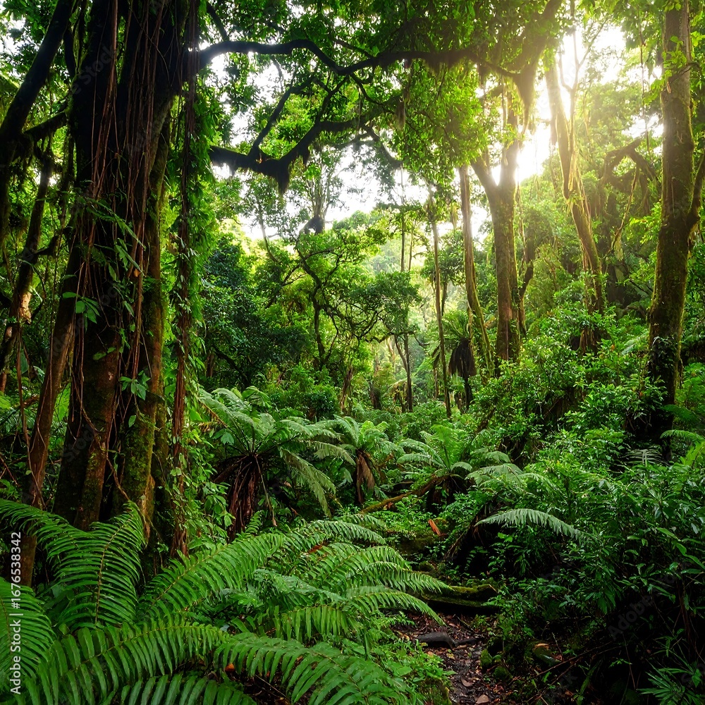 Fototapeta premium Lush Tropical Rainforest Sunlight Path Through Lush Vegetation.